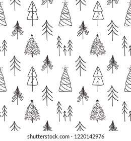 Vector Christmas and New Year hand drawn seamless pattern black and white background. Winter illustrations in doodle style. Christmas celebration. Christmas trees, stars, snowflakes.