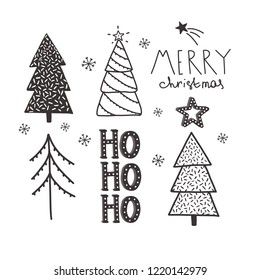 Vector Christmas and New Year hand drawn set. Black and white background. Winter illustrations in doodle style. Christmas celebration. Christmas trees, stars, snowflakes. Christmas elements.