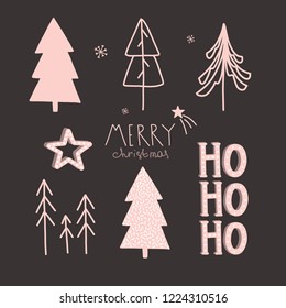 Vector Christmas and New Year hand drawn set. Black and pink background. Winter illustrations in doodle style. Christmas celebration. Christmas trees, stars, snowflakes. Christmas elements.