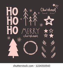 Vector Christmas and New Year hand drawn set. Black and pink background. Winter illustrations in doodle style. Christmas trees, stars, snowflakes, branches, wreath. Christmas elements.