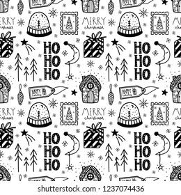 Vector Christmas and New Year hand drawn seamless pattern. Cozy winter in doodle style. Christmas elements.