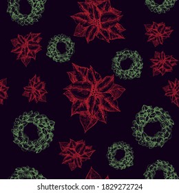 Vector Navidad y Año Nuevo patrón ininterrumpido para diseño de vacaciones en fondo morado oscuro
