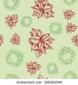 Vector Navidad y Año Nuevo patrón ininterrumpido de diseño navideño en fondo verde claro