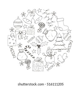 vector Christmas and new year hand drawn icons set. Doodle illustration