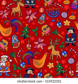 vector christmas, new year, hannukah, and 2017 rooster, seamless pattern. All religions, symbols of new year together in winter design. for gift wrapping, cards, decoration, background calendar