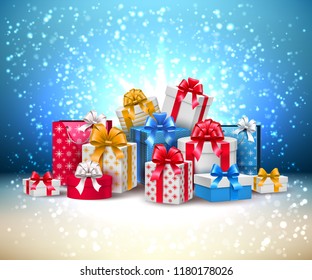 Vector christmas, new year holiday present boxes, gifts pile with bright wrapping, silk ribbon bows shining snowflakes background. Xmas surprise realistic element, winter sale, discounts design symbol