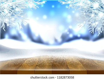 Vector christmas, new year holiday poster, banner background with wooden table covered with ice, snow with winter frozen, icy trees on blurred winter mountains with snow background. Fantasy atmosphere