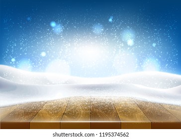 Vector Christmas, New Year Holiday Poster, Banner Background With Wooden Table Covered With Ice, Snow With Winter Frozen, Icy Blurred Background. Winter Fantasy Atmosphere