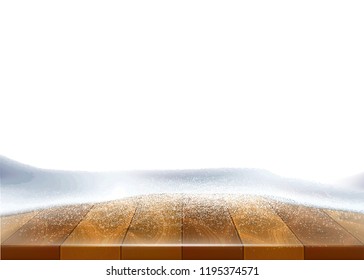 Vector christmas, new year holiday poster, banner background with wooden table covered with ice, snow with winter frozen, icy snowdrifts background. Winter atmosphere