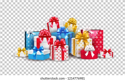 Vector christmas, new year holiday present boxes, gifts pile with bright wrapping, silk ribbon bows on transparent background. Xmas surprise realistic element, winter sale, discounts design symbol