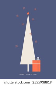 Vector Christmas and New Year holiday greeting card with xmas tree and gift box. Vector illustration in trendy style