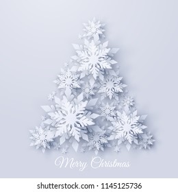 Vector Christmas and new year holidays background with Christmas tree made of realistic looking paper cut snowflakes. Seasonal Merry Christmas and Happy New Year greeting card