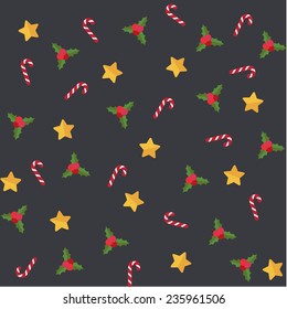 Vector Christmas New Year holidays star, candy cane and holly seamless pattern