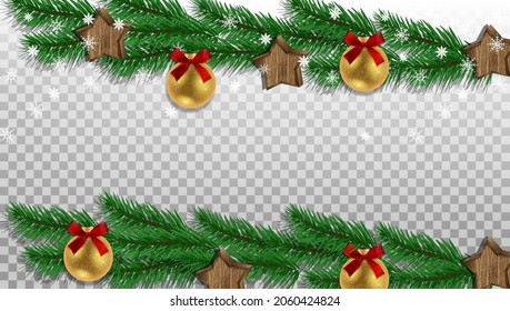 Vector. Christmas and New Year horizontal transparency background. The frame of green tree branches, white snowflakes and shimmering Christmas tree decorations with a red satin bow, wooden ornaments.