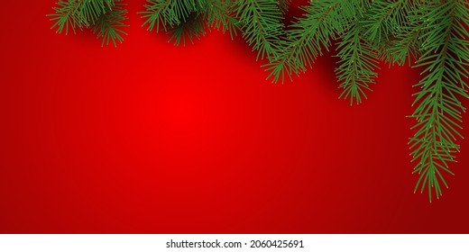 Vector. Fondo horizontal de Navidad y Año Nuevo. El marco está formado por ramas verdes de árboles, copos de nieve blancos. Ilustración realista con sombras en un fondo rojo.