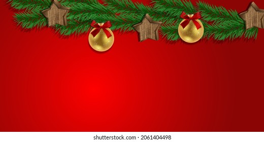 Vector. Christmas and New Year horizontal background. The frame consists of green branches of a Christmas tree, shining golden Christmas tree decorations with a red satin bow, wooden decorations.