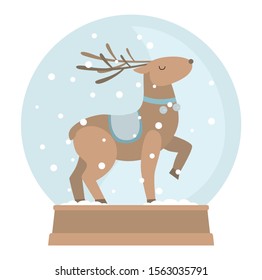Vector Christmas and New Year illustration of reindeer inside glass snow globe