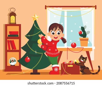 Vector christmas or new year  illustration. Pretty girl wearing red sweater and her playful cat decorate  fir tree at cozy room. Holiday cartoon design with characters for card, poster, invitation. 
