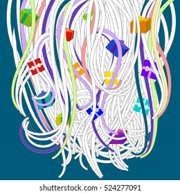 Vector Christmas & New Year illustration. Cartoon unusual Santa's colorful beard with gifts on the blue background.