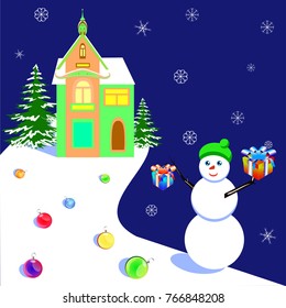 Vector christmas and new year illustration with a house and a snowman, for banners and card