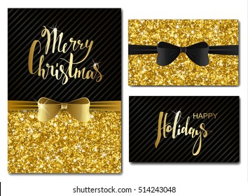 Vector Christmas and New Year Invitation Cards with Shiny Glitter and Decorative Bows. Gold Glitter Texture, Sequins Pattern. Lights and Sparkles