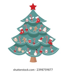 Vector Christmas and New Year Magical Decorative Pine Tree with Many Different Holiday decorations isolated on white background for celebration cards or banner design Decorative Pine Christmas Tree.