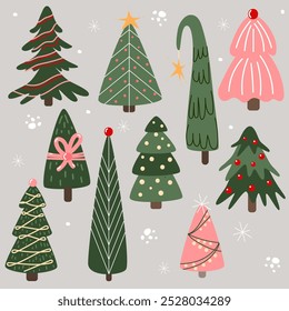 Vector Christmas and New Year noel trees set with minimal decorations, stars, balls, bows, garlands and snowflakes.
