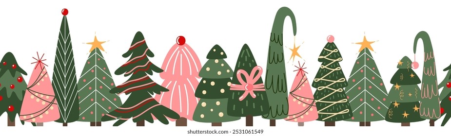 Vector Christmas and New Year noel trees horizontal panoramic banner with minimal decorations, stars, balls, bows, garlands and snowflakes.
