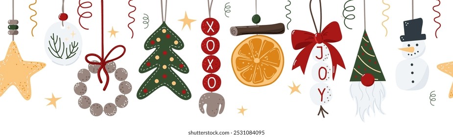 Vector Christmas and New Year noel trees decoration horizontal panoramic banner with stars, balls, bows, bells, snowman, gnome, dry orange, cinnamon, garlands and snowflakes.
