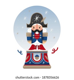 Vector Christmas and New year nutcracker figure in the snow ball. Nutcracker toy in navy uniform, red boots and black hat, standing in the snow ball, surrounded by ribbons and stars.