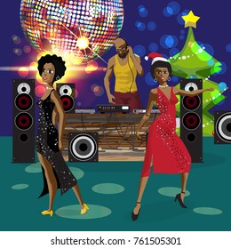 Vector Christmas New Year party invitation disco style. Club, dj with sound system, crowd afro women in festive dresses. Vector template party poster invitations or flyers