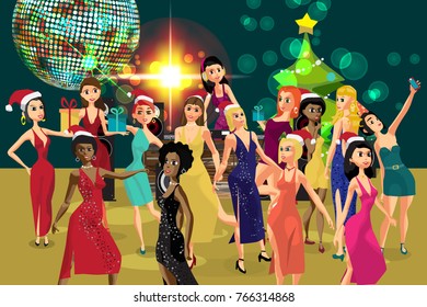 Vector Christmas New Year party invitation disco style. Club, dj with sound system, crowd women in festive dresses