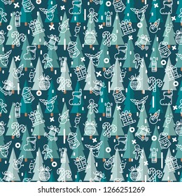 Vector Christmas or New Year pattern with snowman, reindeer,gift,candle, cookies,Santa Claus,sleigh,stocking,christmas ball,glass,candy on a  background with christmas tree .Holiday background