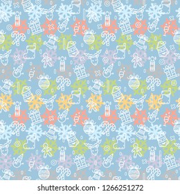 Vector Christmas or New Year pattern with snowman, reindeer,gift,candle, cookies,Santa Claus,sleigh,stocking,christmas ball,glass,candy on a blue Holiday background with colorful snowflake