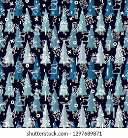 Vector Christmas or New Year pattern with snowman, reindeer,gift,candle, cookies,Santa Claus,sleigh,stocking,christmas ball,glass,candy on a background with 
 blue christmas tree .Holiday background
