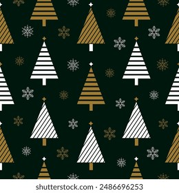 Vector christmas and new year pattern with snow and trees in white and gold colors on dark green background