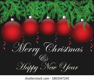 navidad vectorial y afiche de año nuevo con hojas de pino y navidades bolas rojas con cintas en el fondo
