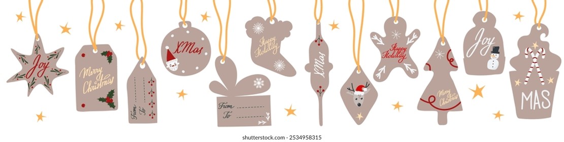 Vector Christmas and New Year present or gift diy craft tag, label  on pendant with noel tree, spruce branches, snowman, deer, santa head, holly berry, candy stick and star, festive lettering typograp