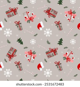 Vector Christmas and New Year presents or gifts craft seamless pattern with noel tree, spruce branches, Santa hat, snowflakes and candy sticks.
