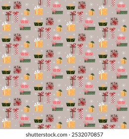 Vector Christmas and New Year presents or gifts craft seamless pattern with bows, ribbons, holly, stars, snow and snowflakes.
