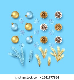 Vector Christmas and New Year realistic decorations. Set of blue and gold ornaments, cones and coniferous branches