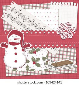 Vector Christmas and New Year scrapbook card with  snowman, music notes and letter