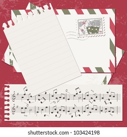 Vector Christmas and New Year scrapbook card with letter, cover and music notes