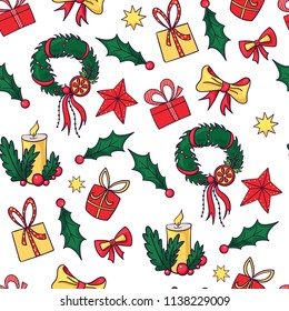 Vector Christmas and New Year seamless pattern. Endless texture for wallpaper, web page background, wrapping paper and etc. Flat style.