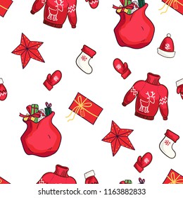 Vector Christmas and New Year seamless pattern. Endless texture for wallpaper, web page background, wrapping paper and etc. Flat style.