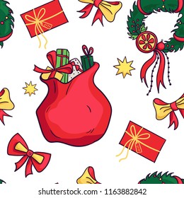 Vector Christmas and New Year seamless pattern. Endless texture for wallpaper, web page background, wrapping paper and etc. Flat style.
