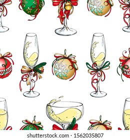 Vector christmas or new year seamless pattern. Glasses of champagne, holiday balls on white, Textile, fabric, wrapping paper print design.