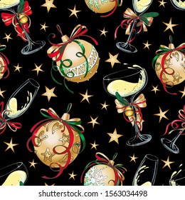 Vector christmas or new year seamless pattern. Glasses of champagne, shining balls decorated by bows and ornaments, golden stars. On black. Holiday winter night mood design. Textile, wrapping paper.