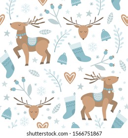 Vector Christmas and New Year seamless pattern with deer, stars, socks and bells
