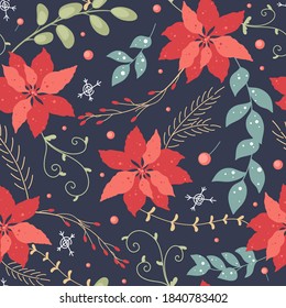 Vector Christmas and New Year seamless pattern with cute hand drawn poinsettia, berries and winter plants. For winter design wrapping paper, gift bag, fabric, textile, holiday ad, digital post, print.